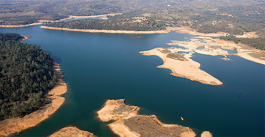 An aerial view of Camanche Reservoir.