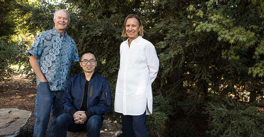 Professor Stephen Hart, left, Professor Martha Conklin, right, and researcher Jian Lin, seated.