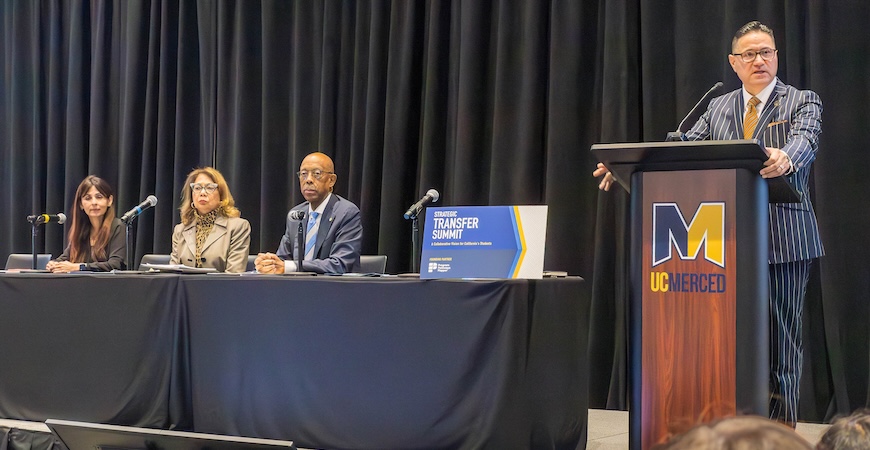 UC Merced Chancellor Juan Sánchez Muñoz moderates a panel featuring California Community Colleges Chancellor Sonya Christian, University of California President Michael Drake and California State University Chancellor Mildred Garcia.